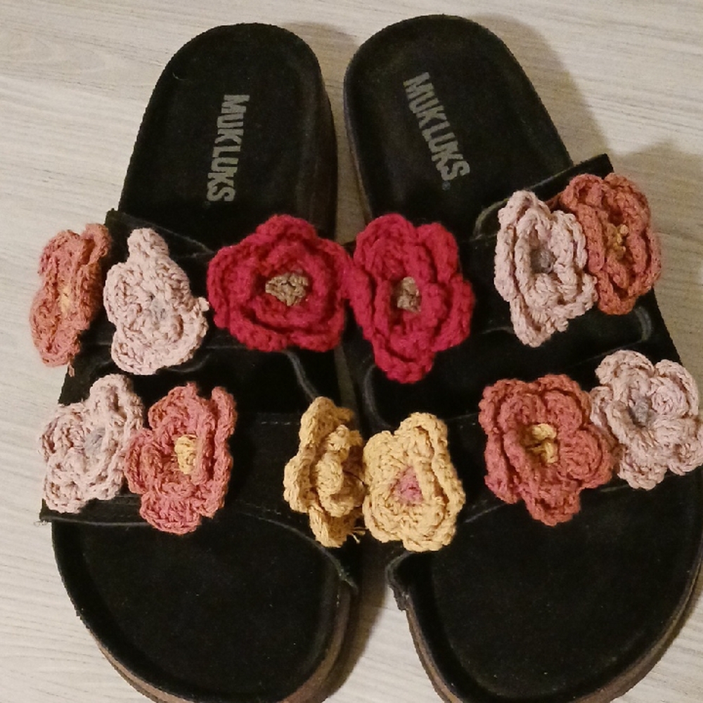 Muk Luks Black Sandals with Colorful Crochet Flowers - Picture 3 of 9